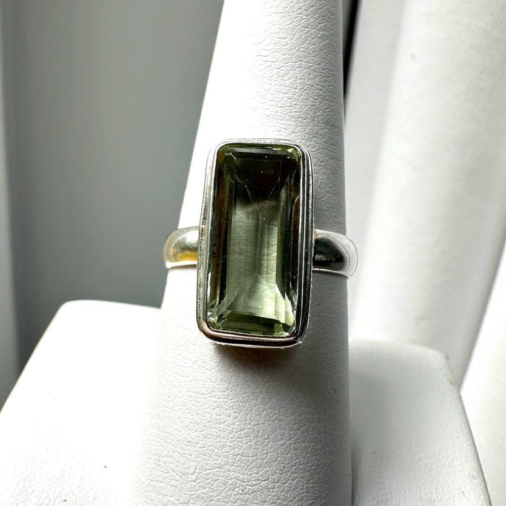 NWT 5ct emerald cut Prasiolite ring in‎ Bali sterling silver!